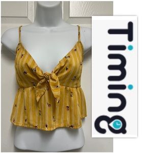 Timing Mustard Striped & Floral Cropped Ruffled Cami